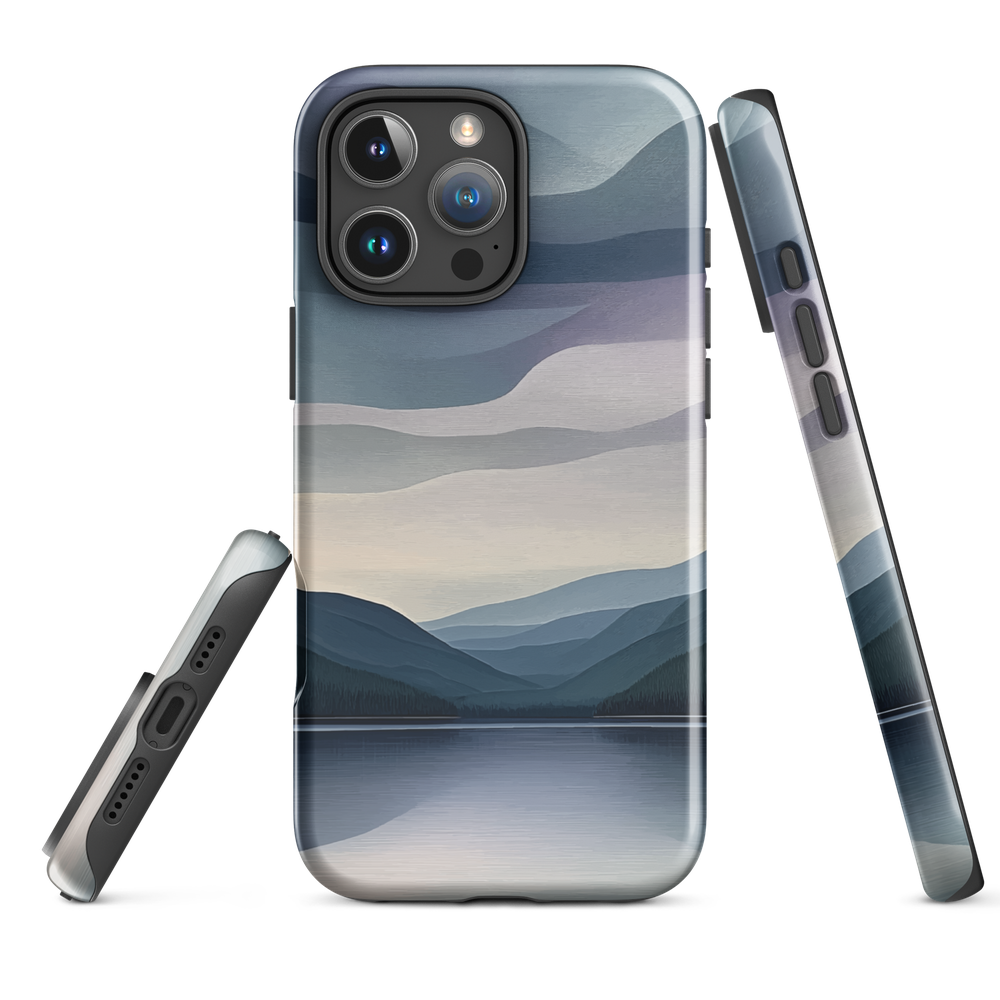 Phone case with moody blue and purple layered mountain and lake landscape artwork