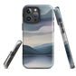 Phone case with moody blue and purple layered mountain and lake landscape artwork