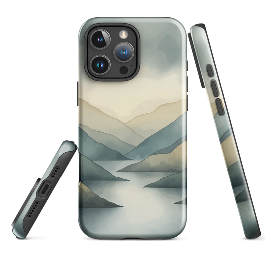Phone case with soft mountain and valley design in misty green, blue, and golden tones