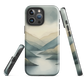 Phone case with soft mountain and valley design in misty green, blue, and golden tones