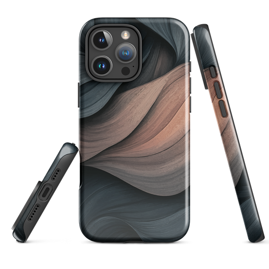 Phone case with flowing abstract design in black, copper and charcoal tones, inspired by dusk shadows
