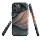 Phone case with flowing abstract design in black, copper and charcoal tones, inspired by dusk shadows