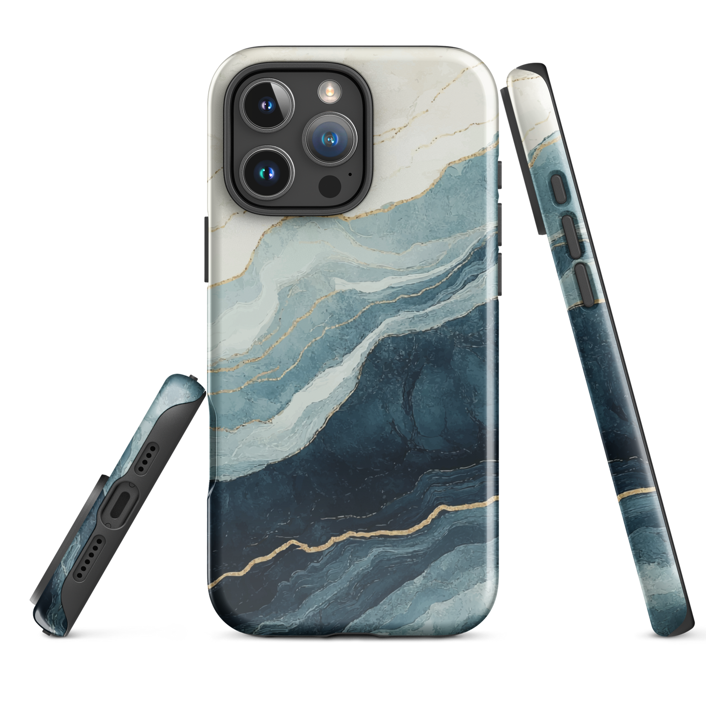 An elegant abstract phone case inspired by layered coastal forms in blue and teal tones.
