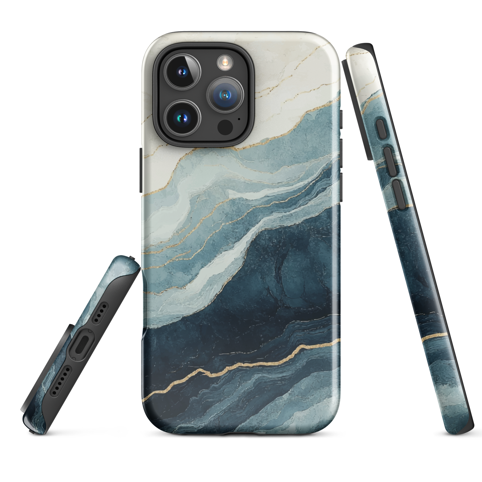 An elegant abstract phone case inspired by layered coastal forms in blue and teal tones.