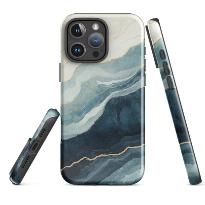 An elegant abstract phone case inspired by layered coastal forms in blue and teal tones.