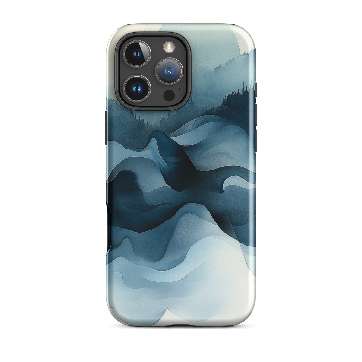 A calming abstract landscape protective phone case inspired by quiet valleys and soft blue tones.