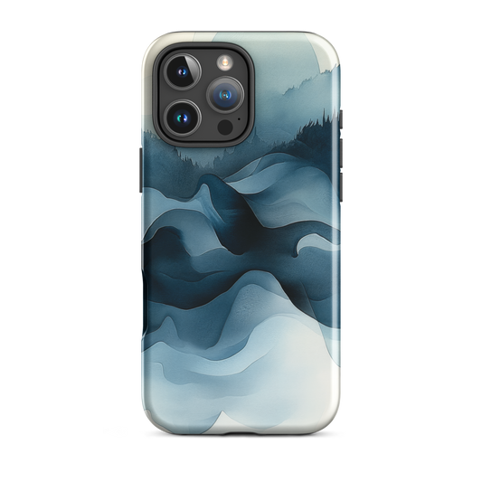A calming abstract landscape protective phone case inspired by quiet valleys and soft blue tones.
