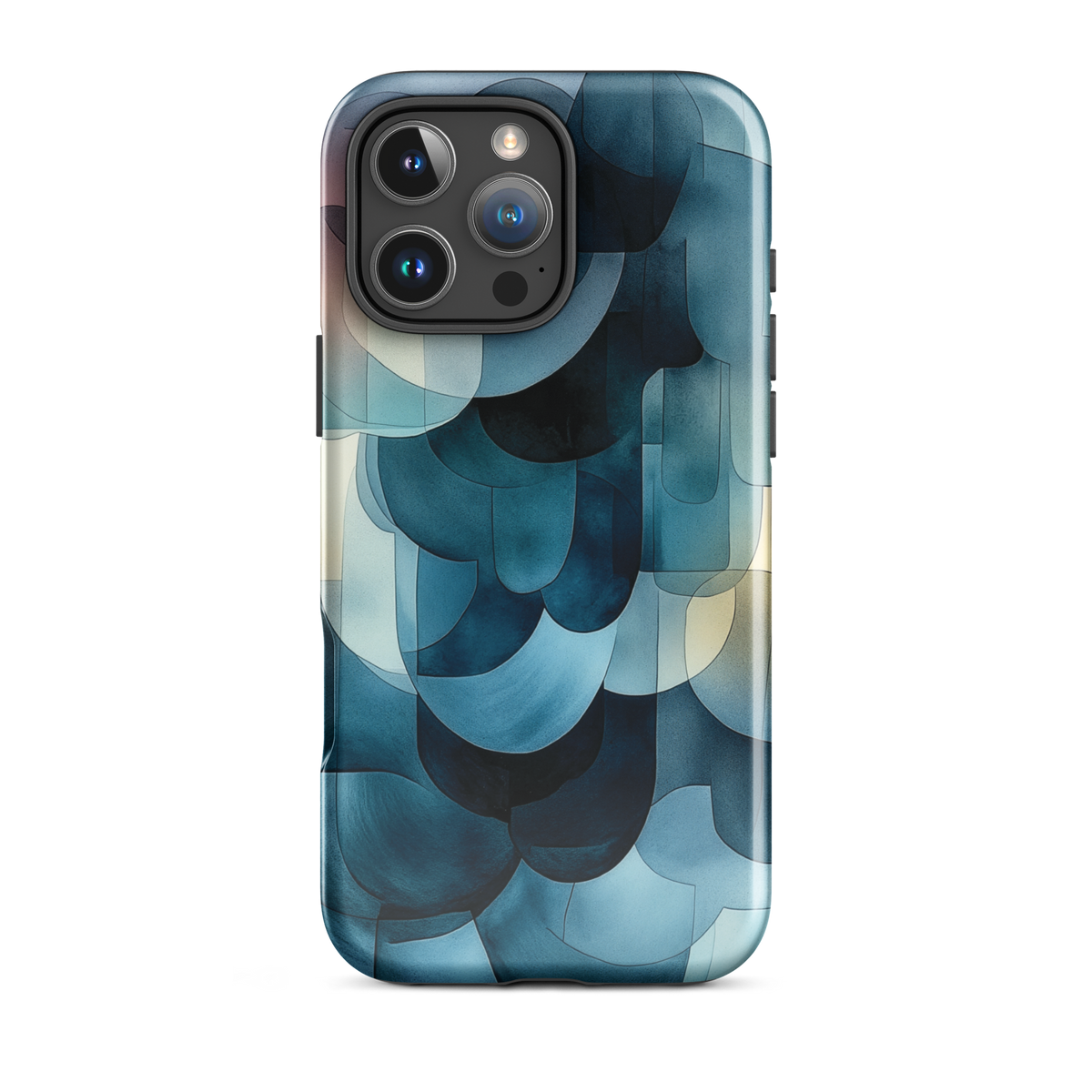 A modern abstract phone case featuring layered blue forms and soft flowing shapes.