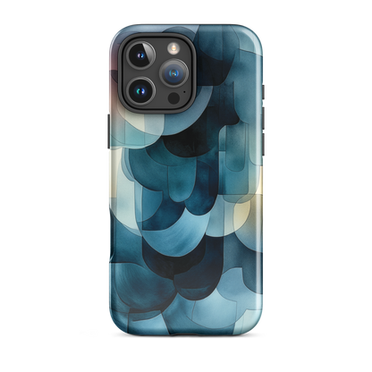 A modern abstract phone case featuring layered blue forms and soft flowing shapes.