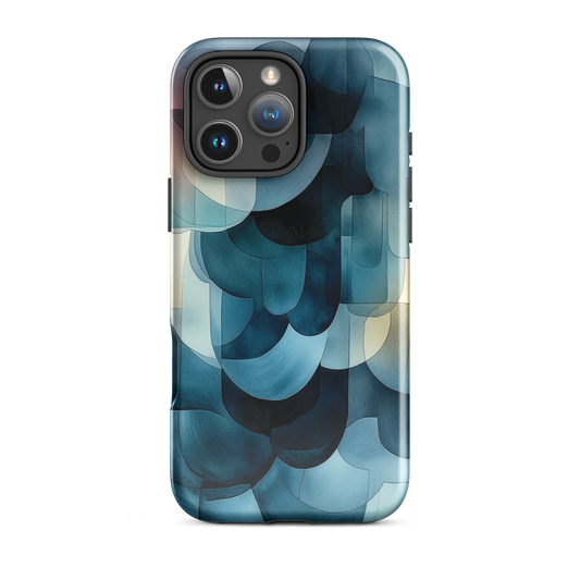A modern abstract phone case featuring layered blue forms and soft flowing shapes.