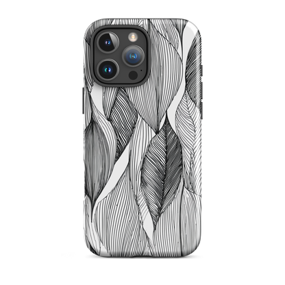 A minimalist phone case featuring fine black botanical linework in a repeating leaf pattern.