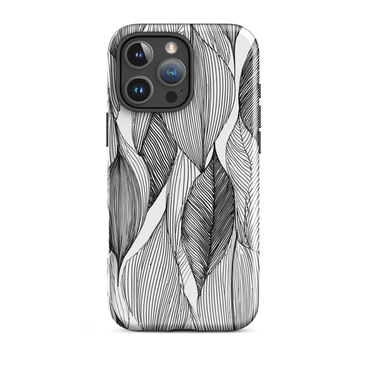 A minimalist phone case featuring fine black botanical linework in a repeating leaf pattern.