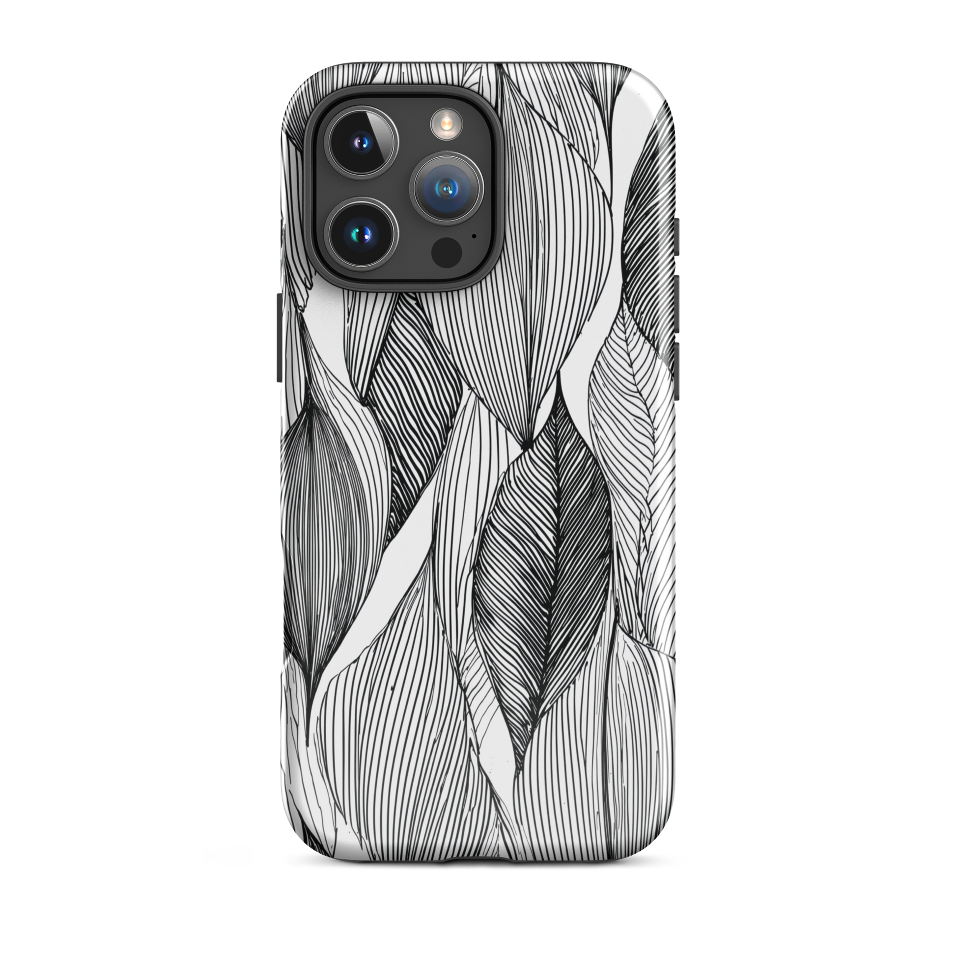 A minimalist phone case featuring fine black botanical linework in a repeating leaf pattern.