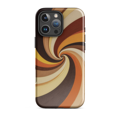 A retro-inspired phone case featuring warm swirling patterns in orange, yellow, and brown tones.