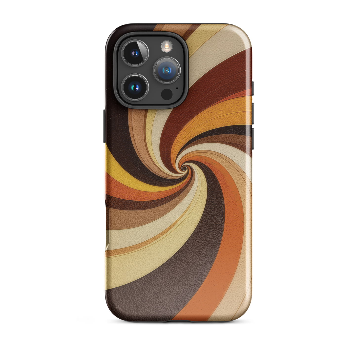 A retro-inspired phone case featuring warm swirling patterns in orange, yellow, and brown tones.
