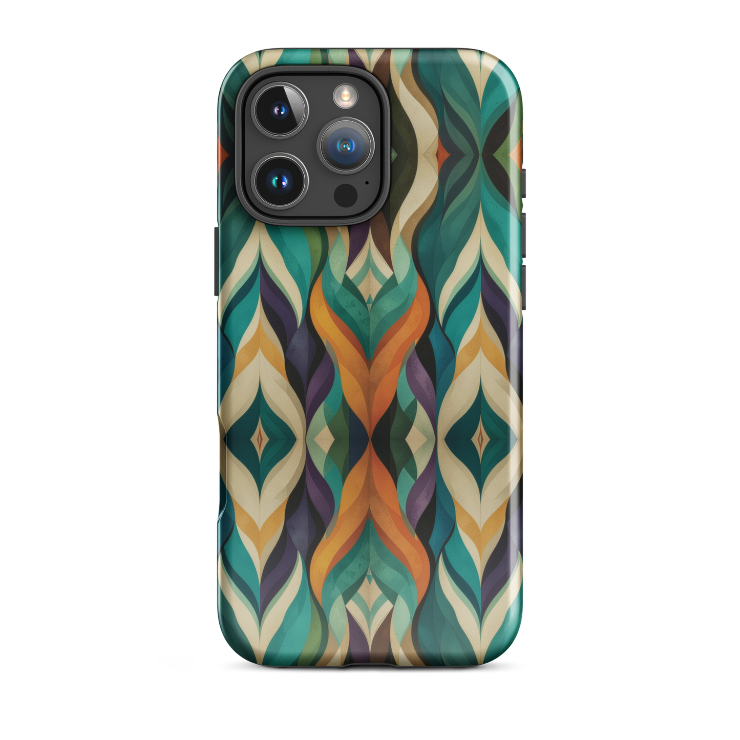 A bold geometric phone case featuring layered shapes in rich, earthy tones.