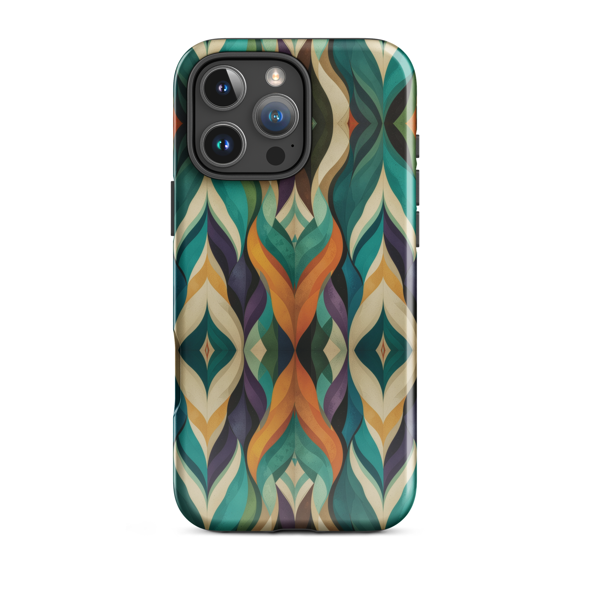 A bold geometric phone case featuring layered shapes in rich, earthy tones.