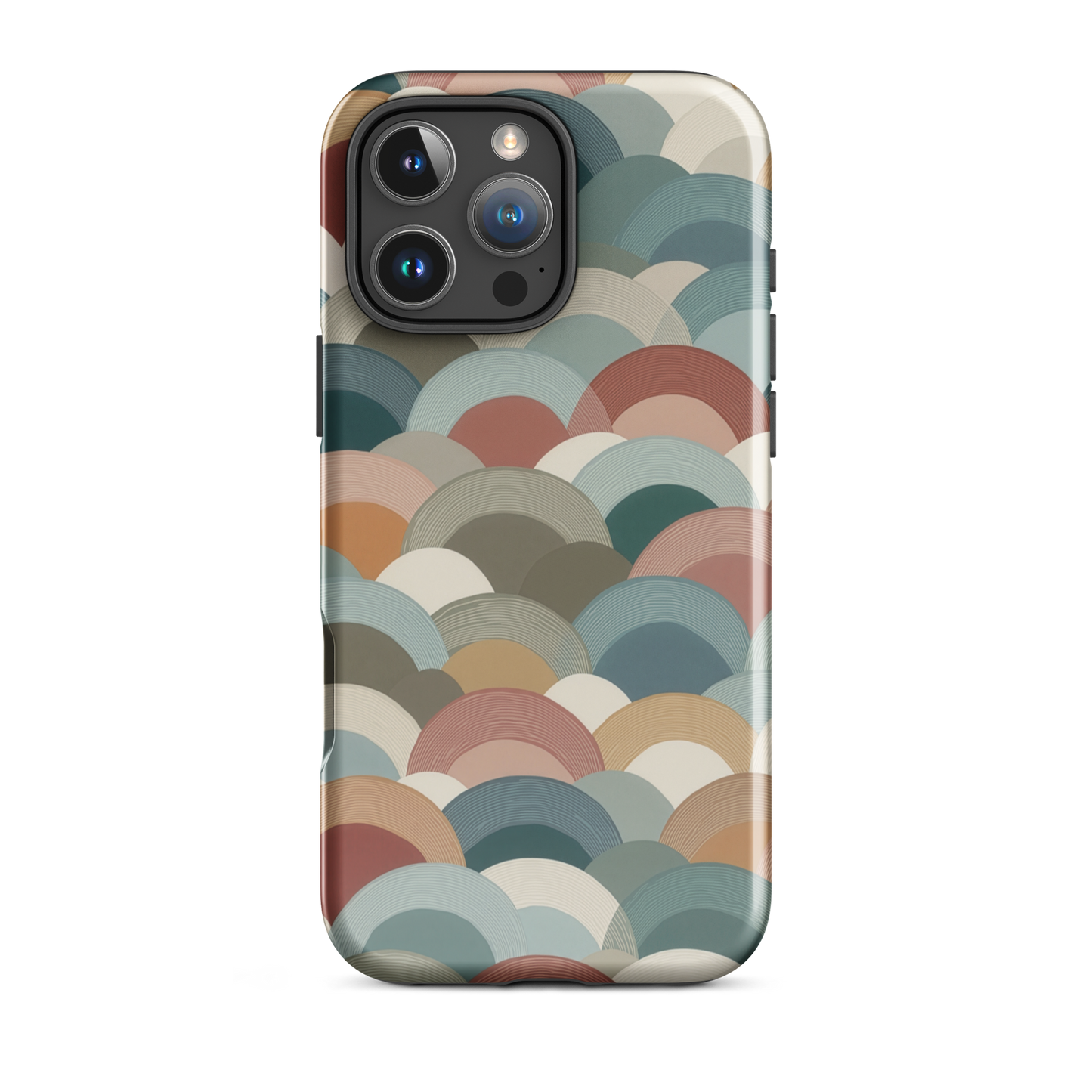 A soft retro-inspired phone case featuring layered arc shapes in warm, earthy tones.