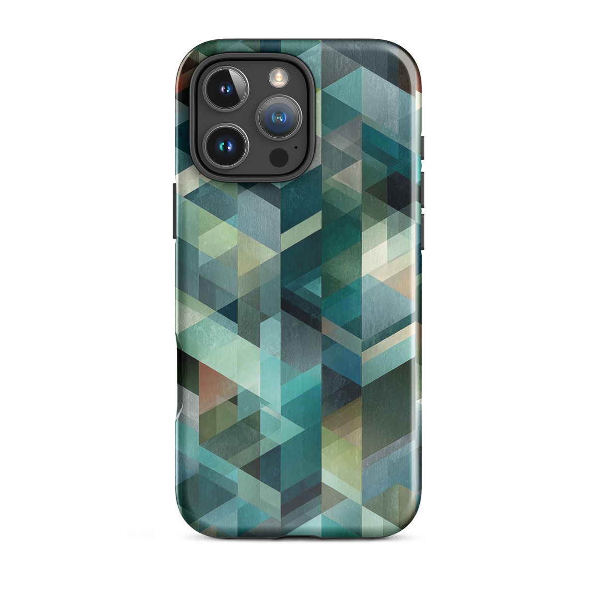 Modern abstract geometric phone case in teal and blue tones with layered retro-inspired shapes.