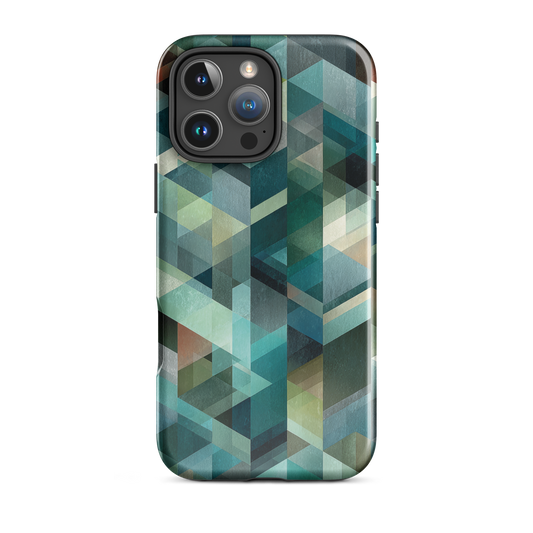 Modern abstract geometric phone case in teal and blue tones with layered retro-inspired shapes.