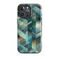 Modern abstract geometric phone case in teal and blue tones with layered retro-inspired shapes.