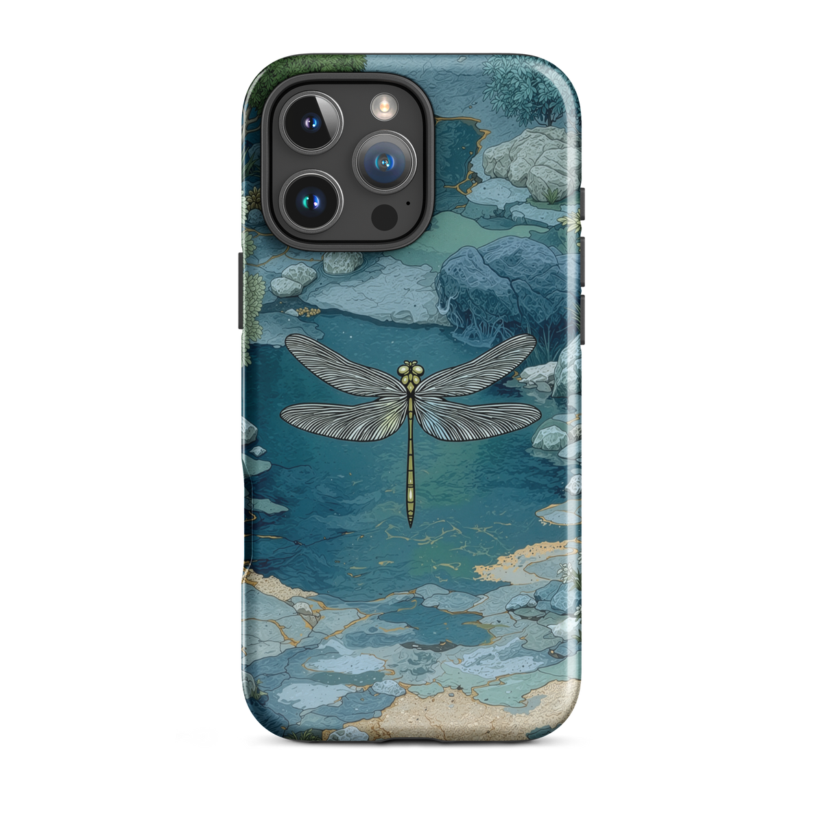 Nature-inspired phone case featuring a dragonfly over calm water with blue and green forest tones.