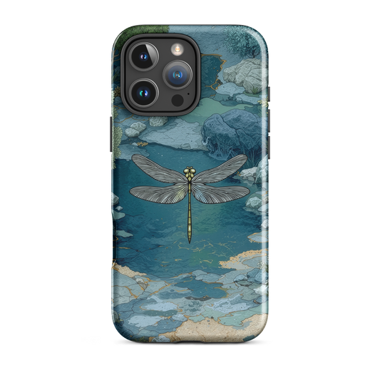 Nature-inspired phone case featuring a dragonfly over calm water with blue and green forest tones.