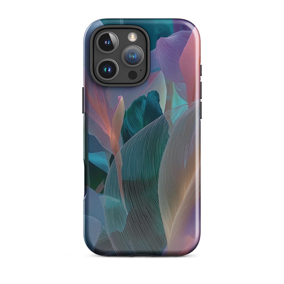 Abstract pastel botanical designer phone case in pink, lilac and teal tones with soft flowing floral textures