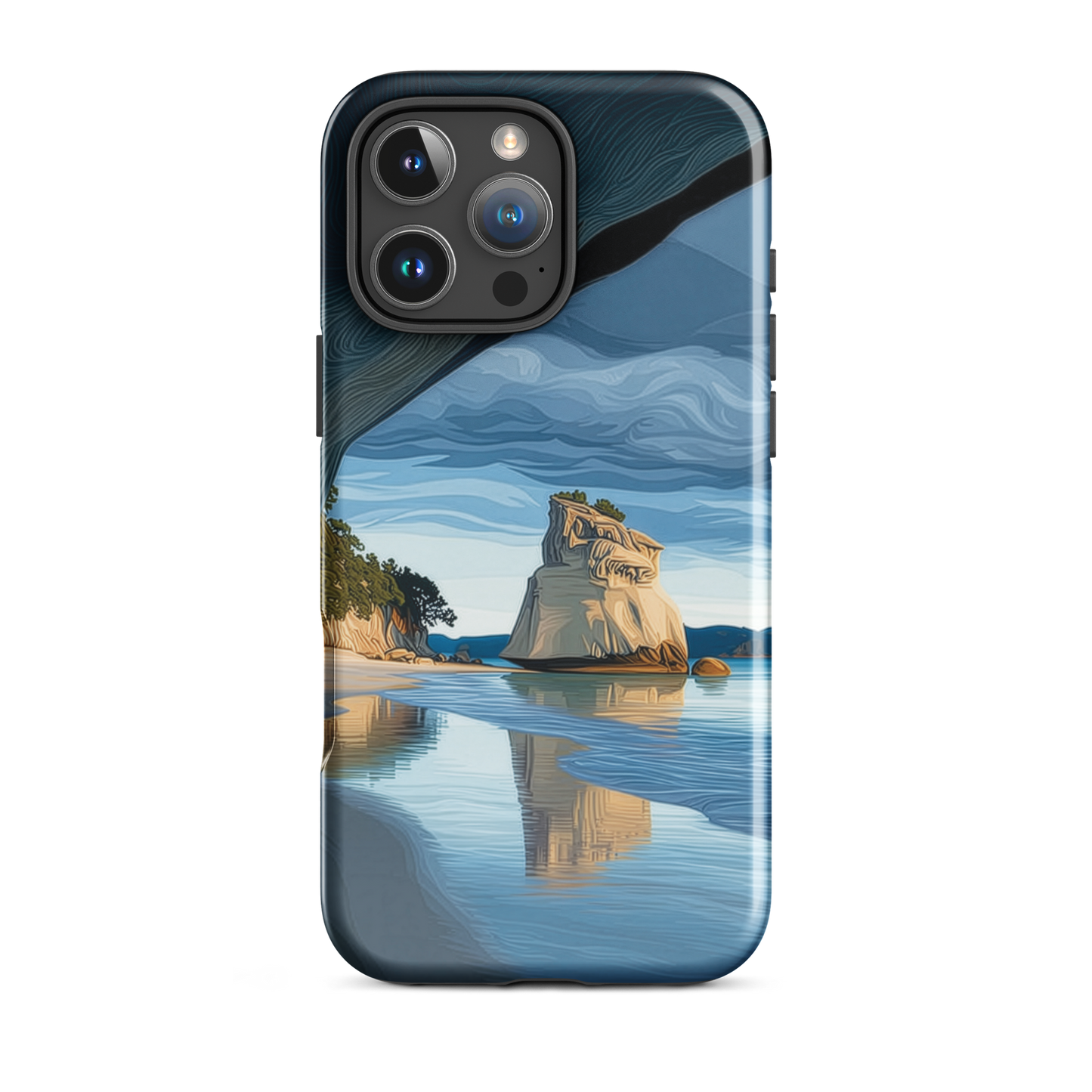Artistic Cathedral Cove coastal designer phone case with arch rock, blue ocean and golden cliffs