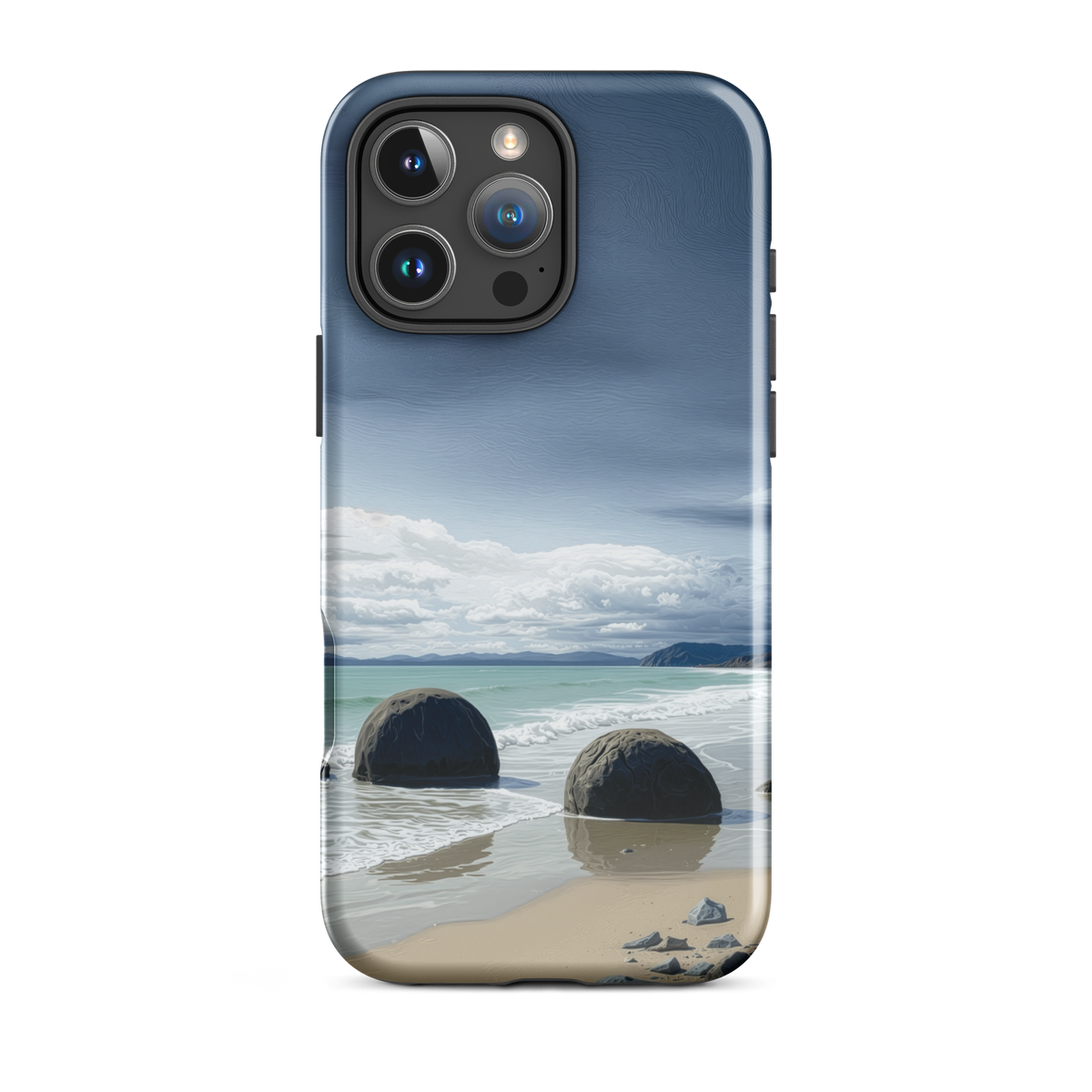Moeraki Boulders coastal designer phone case with ocean waves and dramatic NZ sky