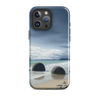 Moeraki Boulders coastal designer phone case with ocean waves and dramatic NZ sky