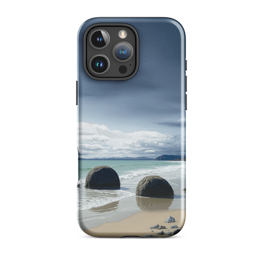 Moeraki Boulders coastal designer phone case with ocean waves and dramatic NZ sky