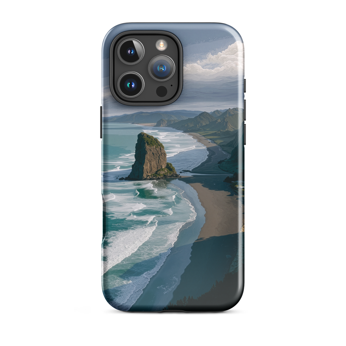 Piha Beach Lion Rock designer phone case with turquoise waves and dramatic NZ coastline