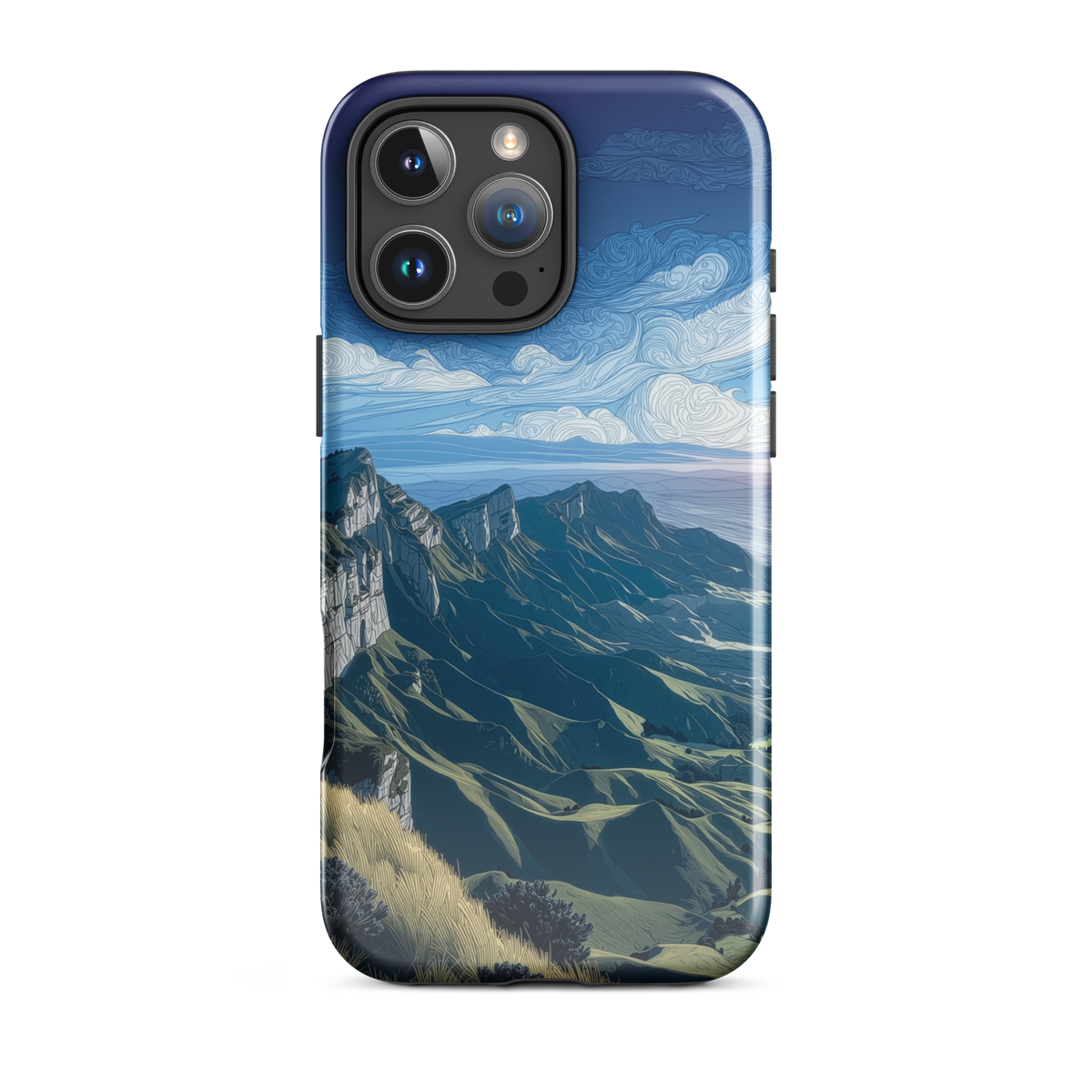 Te Mata Peak designer phone case with Hawke’s Bay cliffs, rolling green hills and dramatic swirling sky