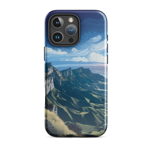Te Mata Peak designer phone case with Hawke’s Bay cliffs, rolling green hills and dramatic swirling sky