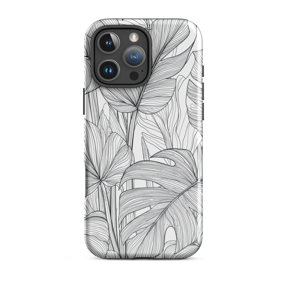 Minimal black and white tropical leaf designer phone case with detailed botanical line art