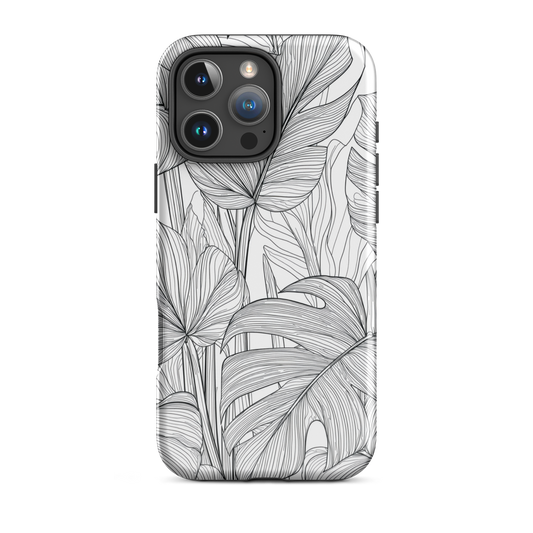Minimal black and white tropical leaf designer phone case with detailed botanical line art