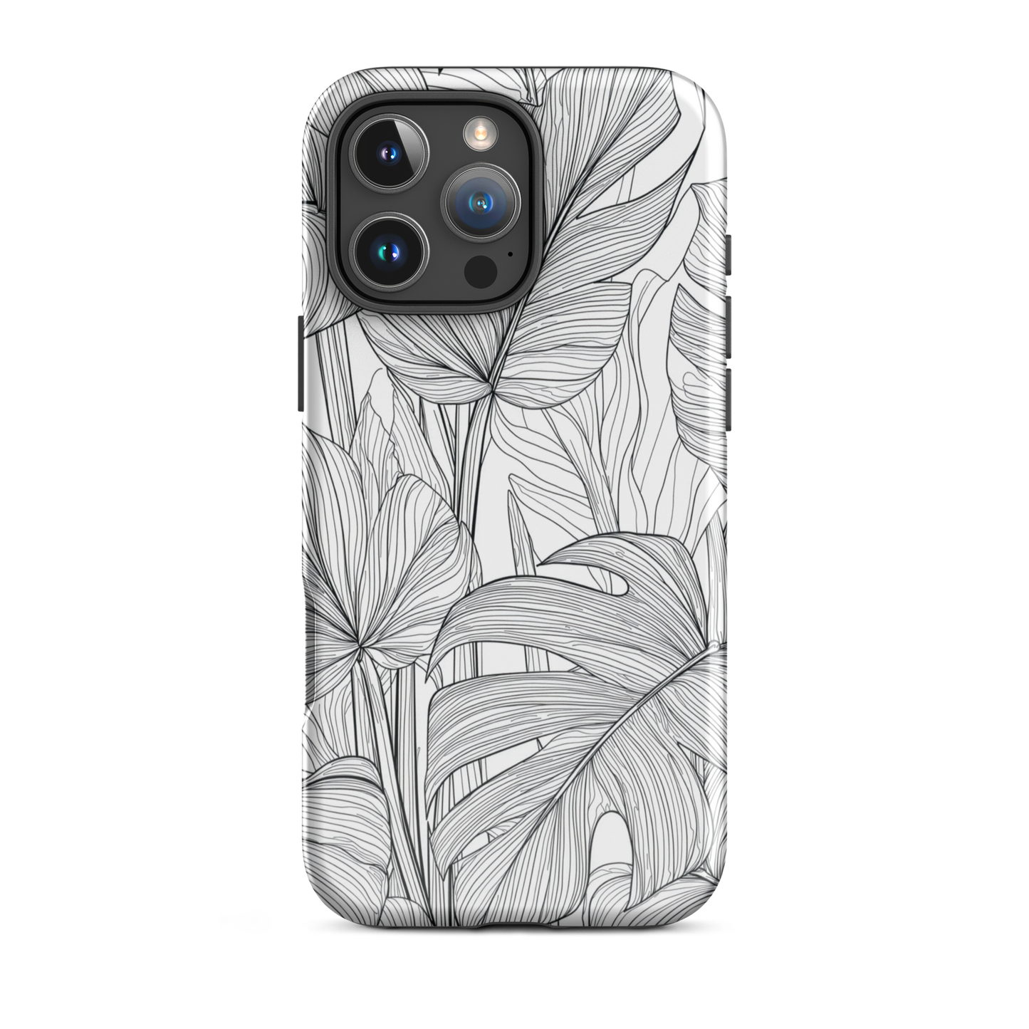 Minimal black and white tropical leaf designer phone case with detailed botanical line art