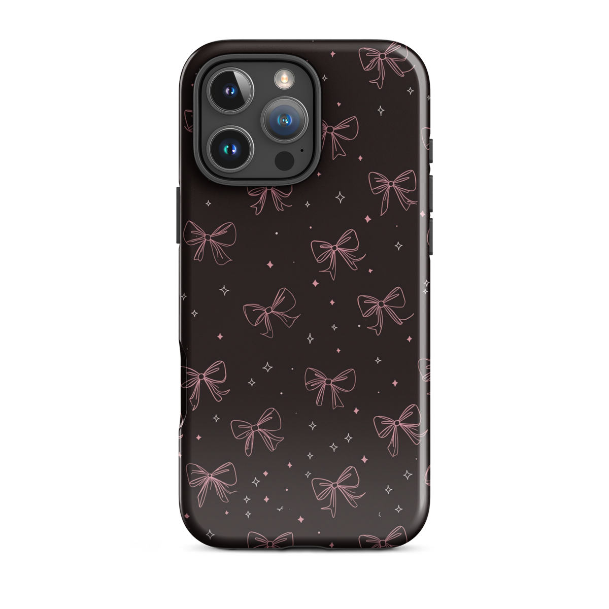 Midnight Bow seamless repeat pattern — pink hand-drawn ribbon bows and sparkle stars on a black background