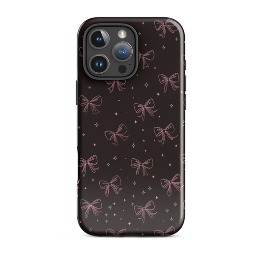 Midnight Bow seamless repeat pattern — pink hand-drawn ribbon bows and sparkle stars on a black background
