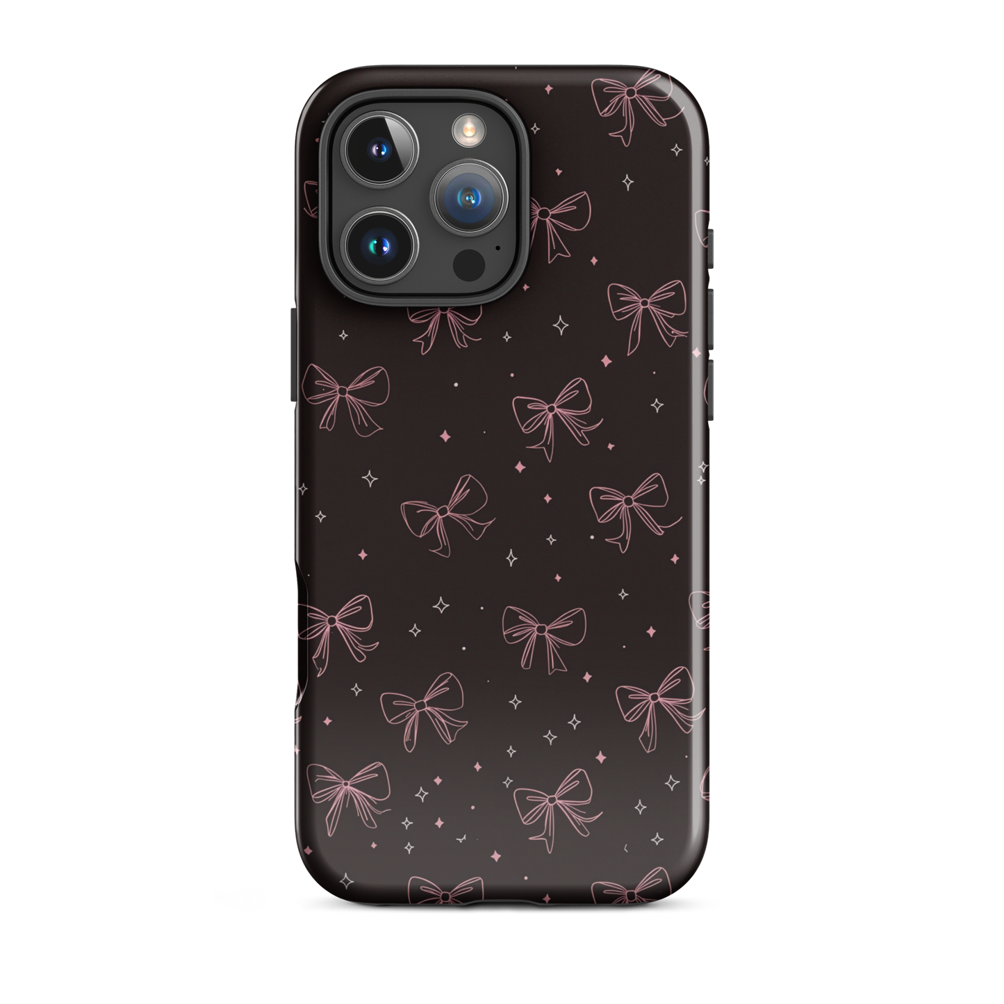 Midnight Bow seamless repeat pattern — pink hand-drawn ribbon bows and sparkle stars on a black background