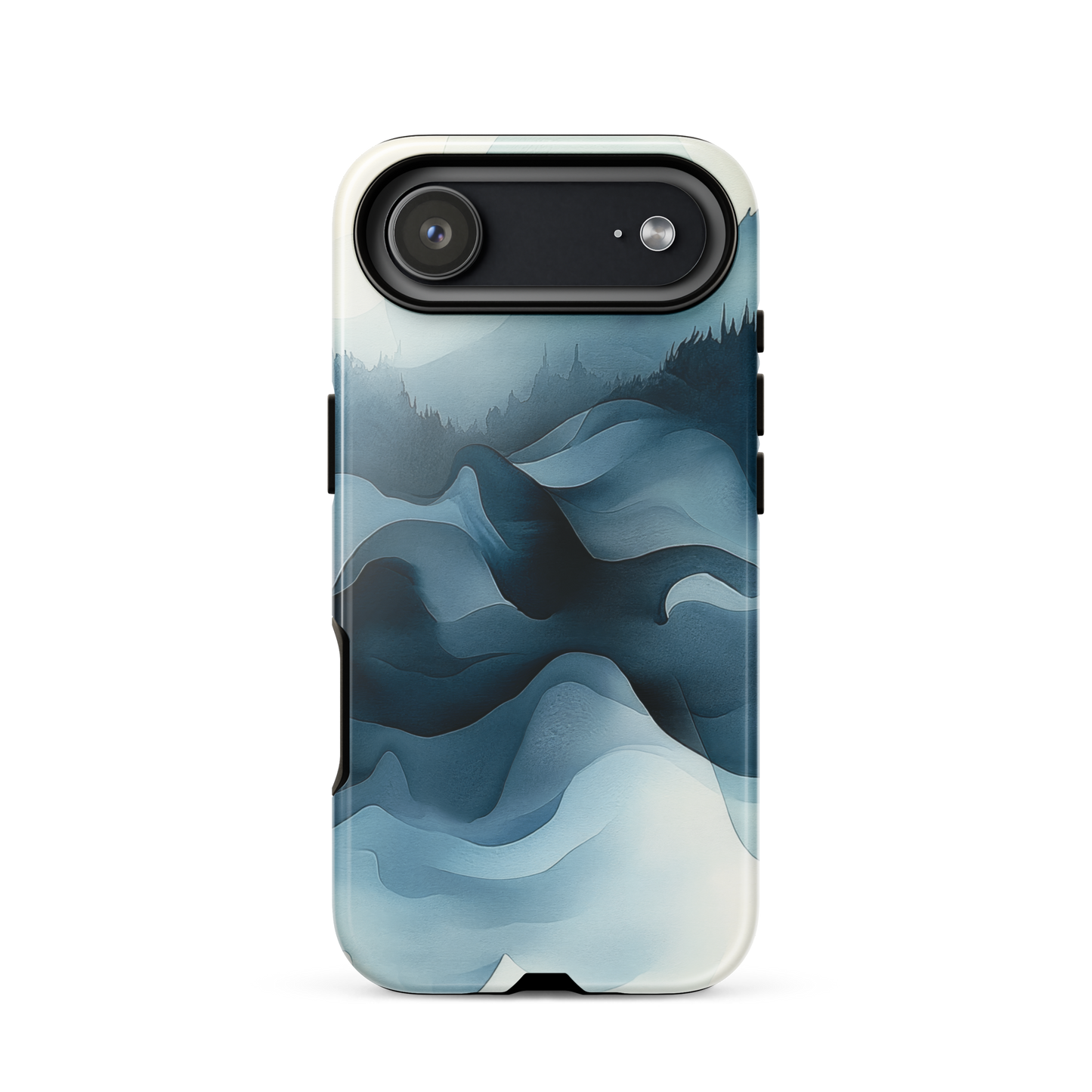 A calming abstract landscape protective phone case inspired by quiet valleys and soft blue tones.