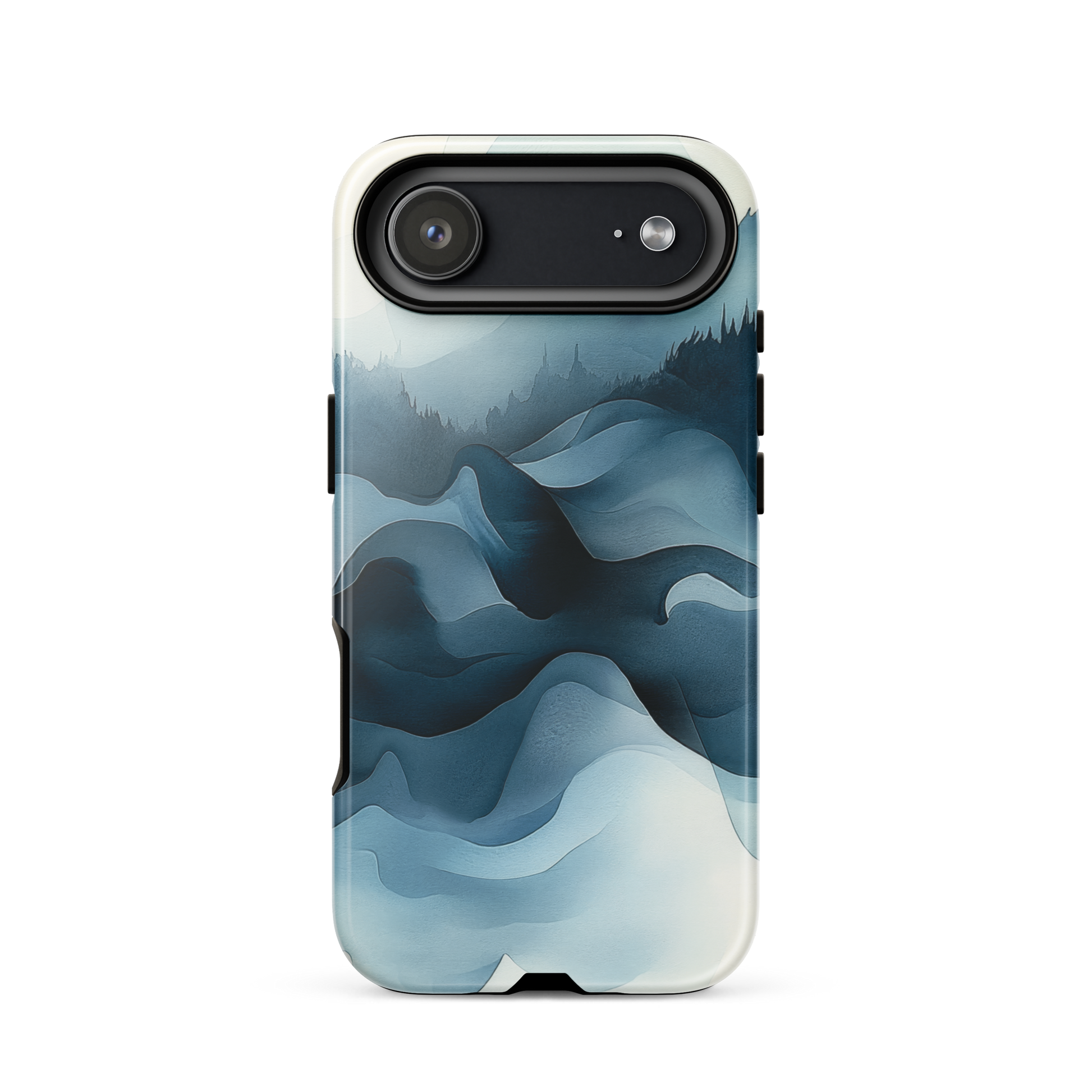 A calming abstract landscape protective phone case inspired by quiet valleys and soft blue tones.