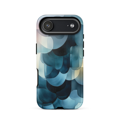 A modern abstract phone case featuring layered blue forms and soft flowing shapes.