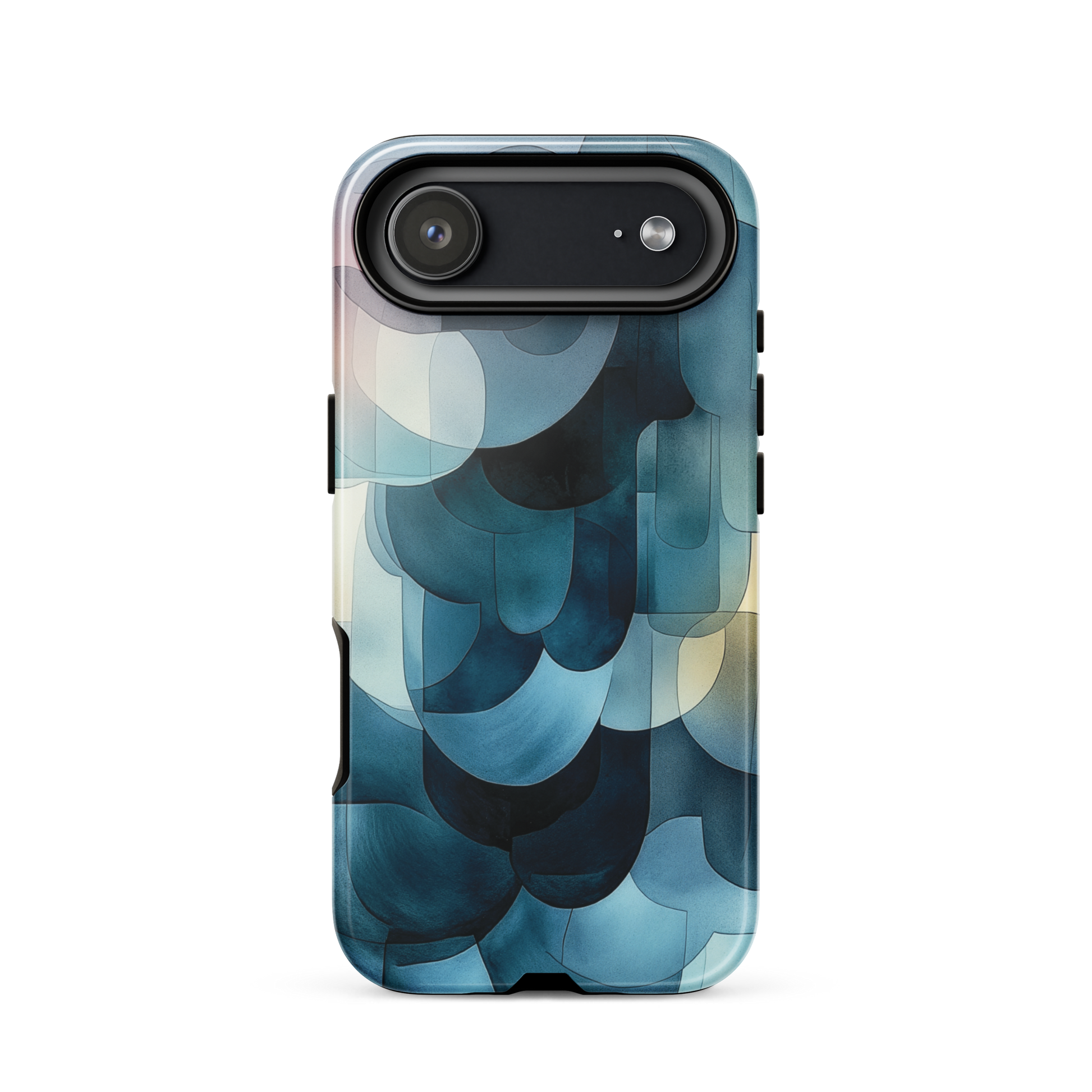 A modern abstract phone case featuring layered blue forms and soft flowing shapes.
