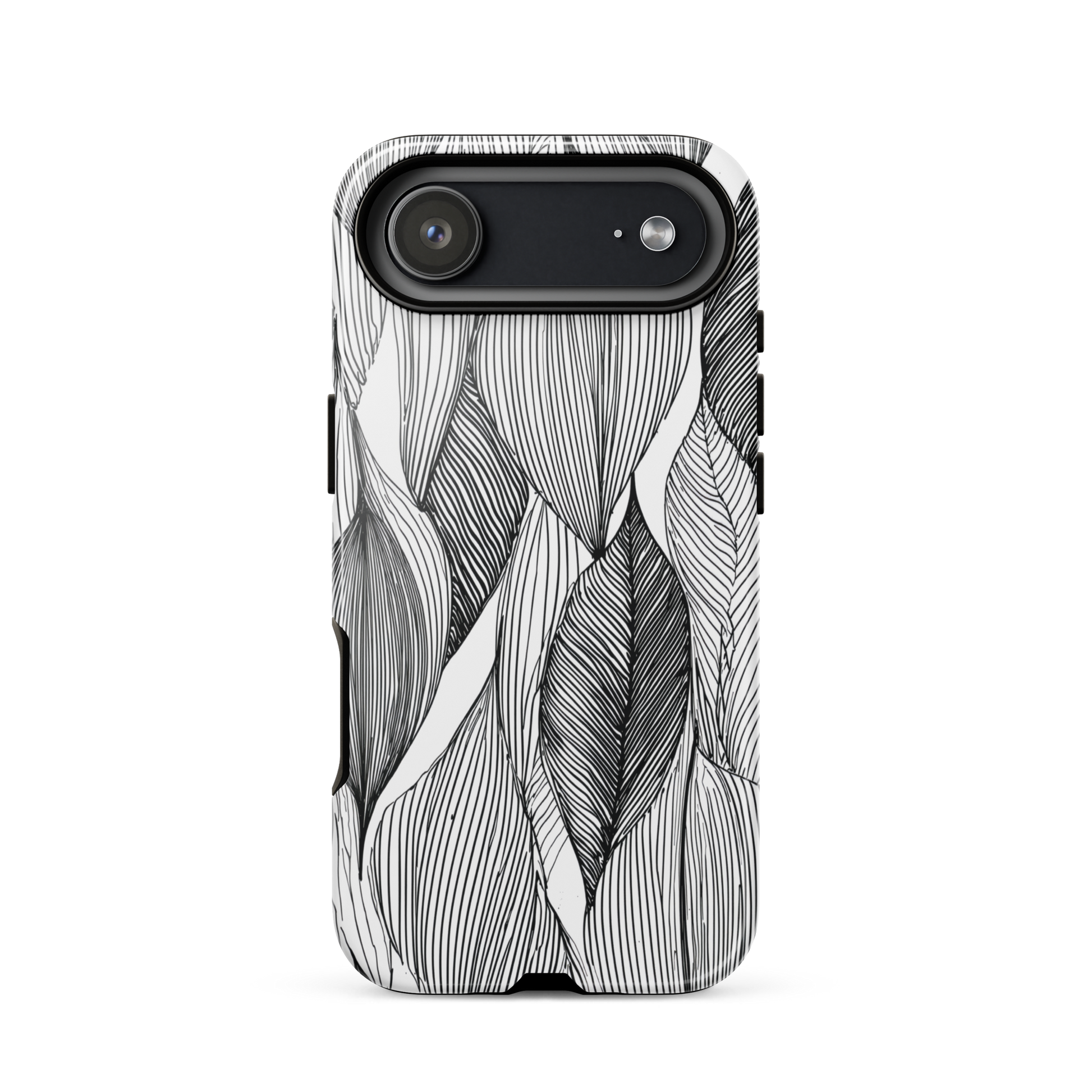 A minimalist phone case featuring fine black botanical linework in a repeating leaf pattern.