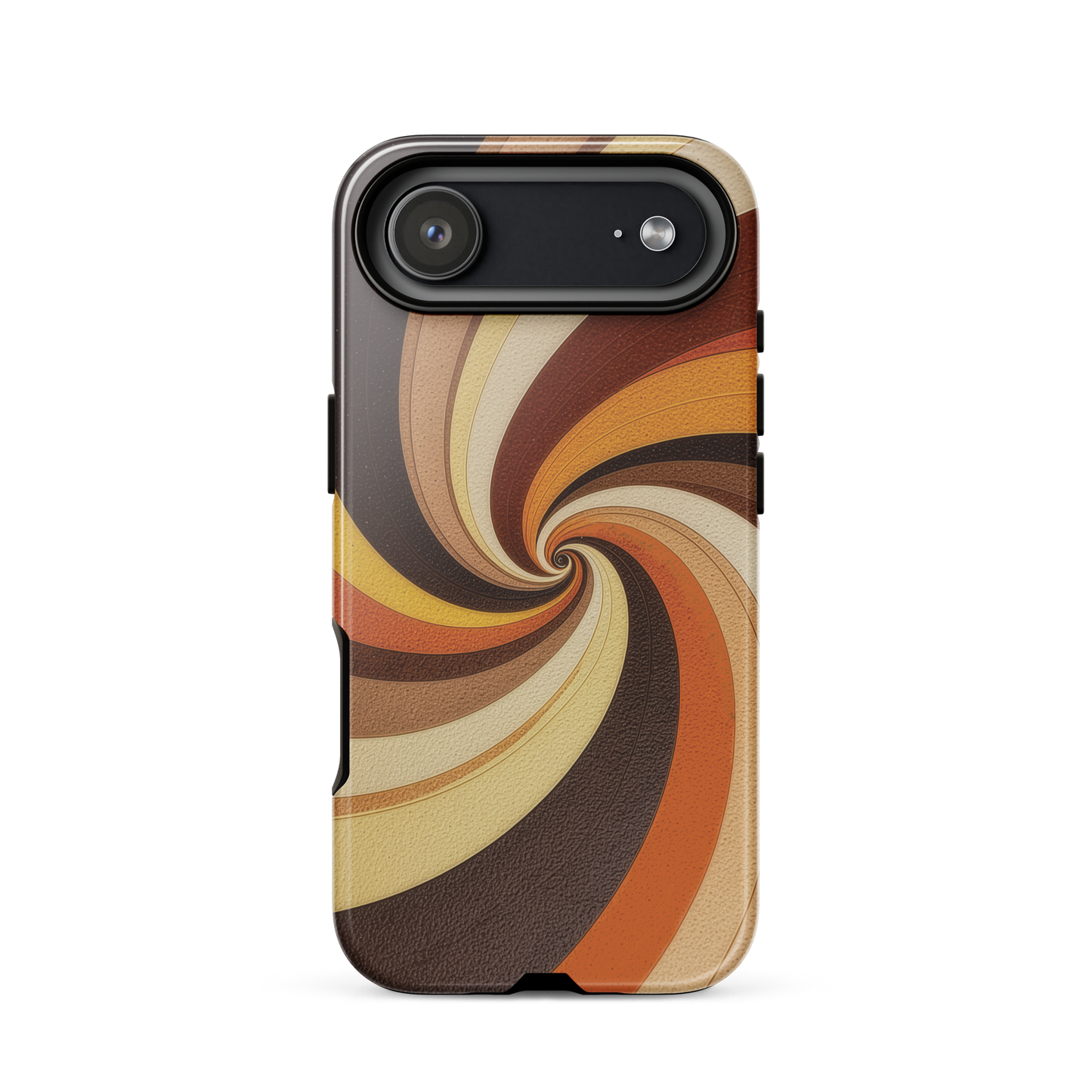A retro-inspired phone case featuring warm swirling patterns in orange, yellow, and brown tones.