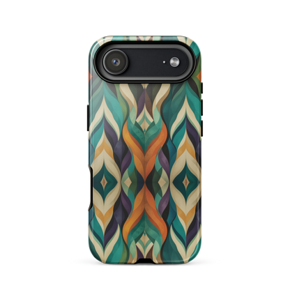 A bold geometric phone case featuring layered shapes in rich, earthy tones.
