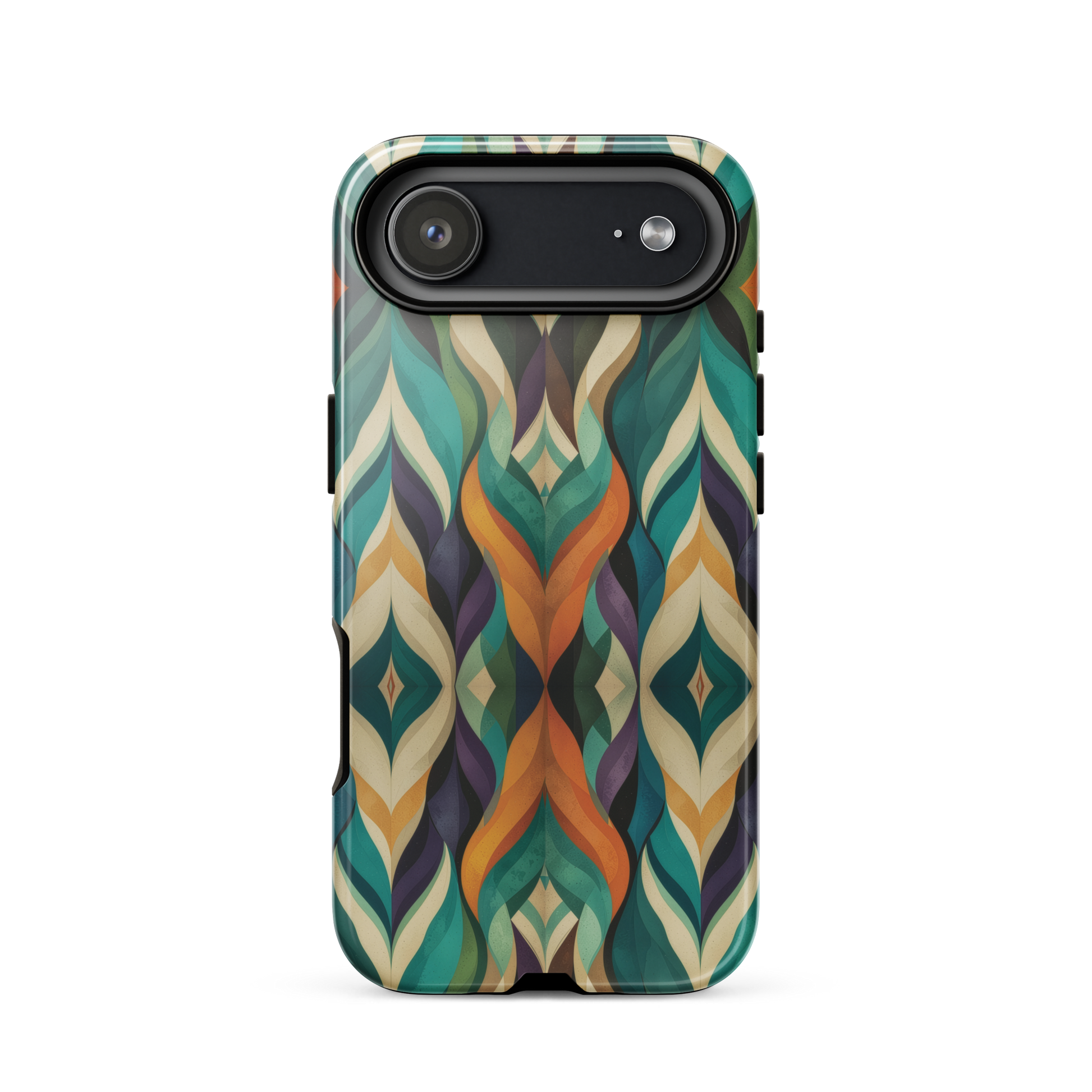 A bold geometric phone case featuring layered shapes in rich, earthy tones.
