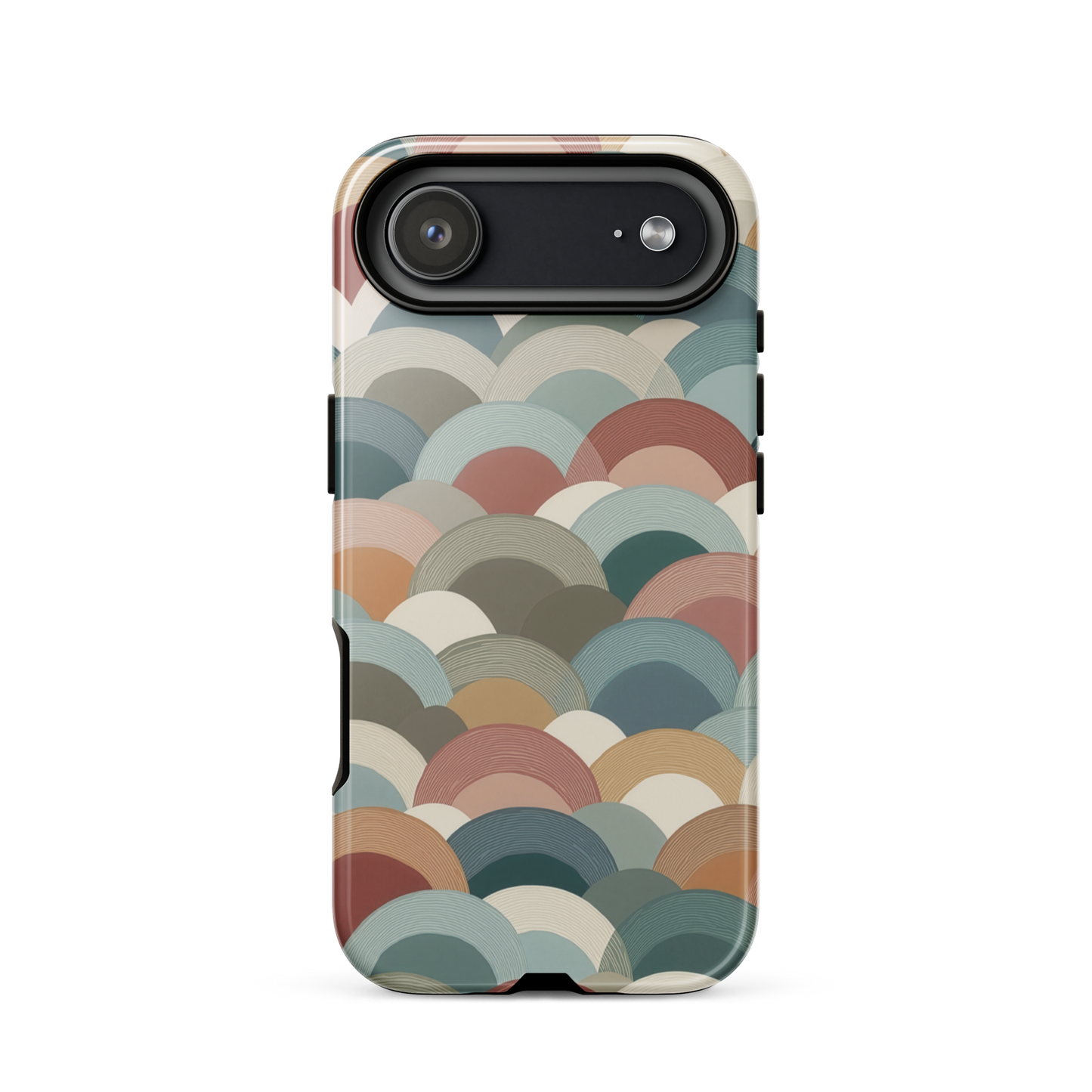 A soft retro-inspired phone case featuring layered arc shapes in warm, earthy tones.